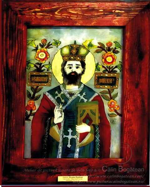 Sfântul Nicolae icoană pe sticlă pictură pe sticlă pictură naivă icoană tradițională pictură în tempera icoană de Nicula