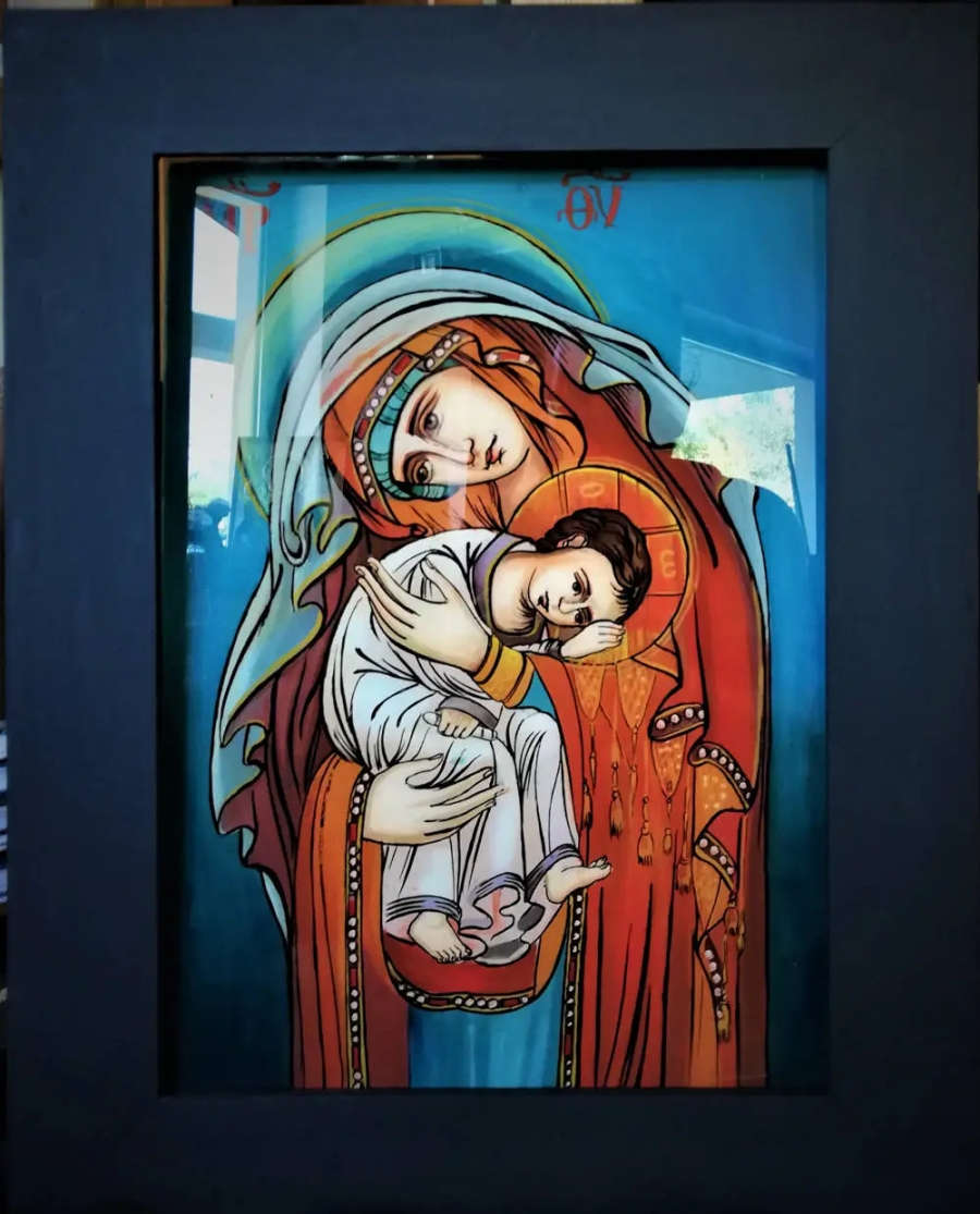 Maica Domnului ocrotitoarea celor orfani, icoană pictată pe dosul sticlei